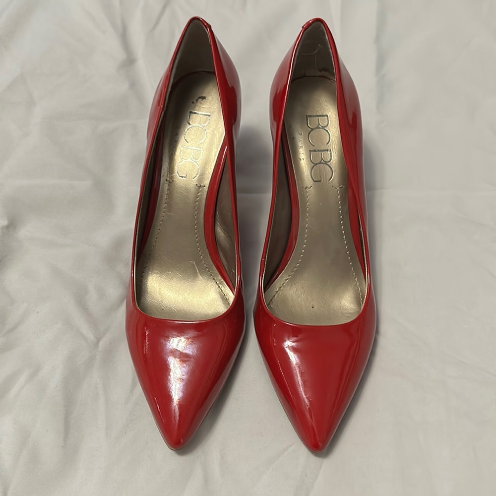 BCBG pointed toe pumps in red patent leather
